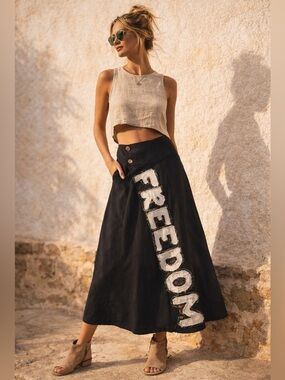 FREEDOM Patch A-Line Organic Cotton Boho Statement Midi Skirt Artisan Bottom S/M